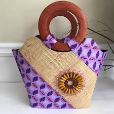 Hannah Hand Woven Raffia Fibers Basket African Bag with Wood